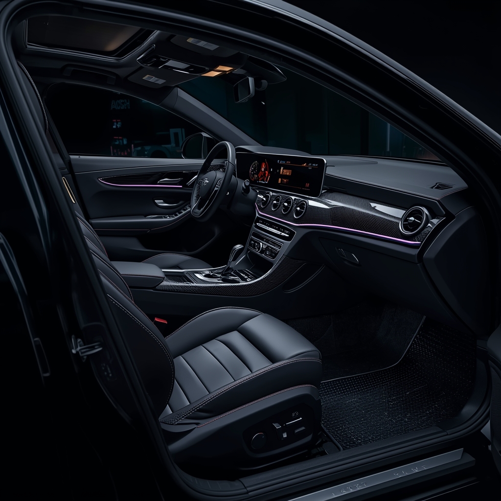 Studio shot of a matte black luxury sedan interior, leather seats, carbon fiber dashboard, ambient led lighting, 4k